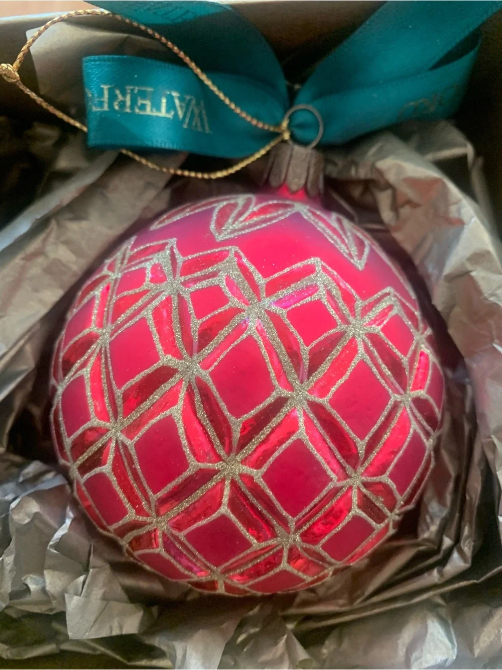 Waterford Red Glass Ornament with Gold Glitter Accents with PGA Logo.